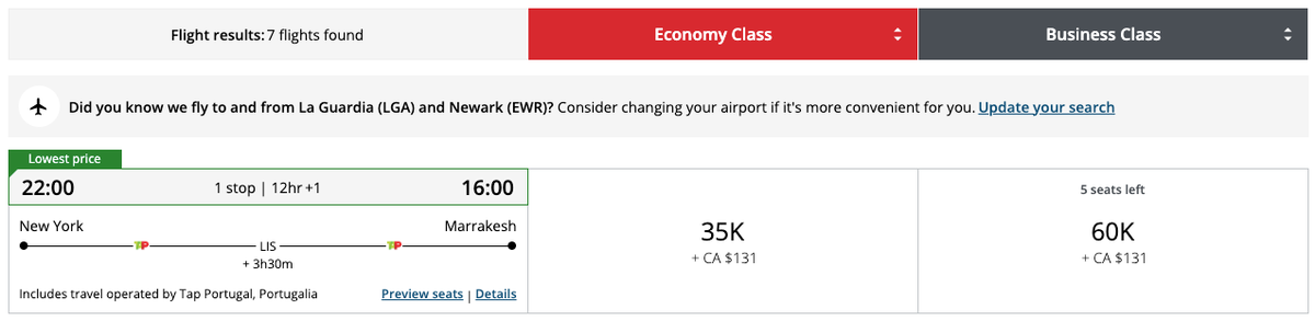Aeroplan JFK LIS RAK
